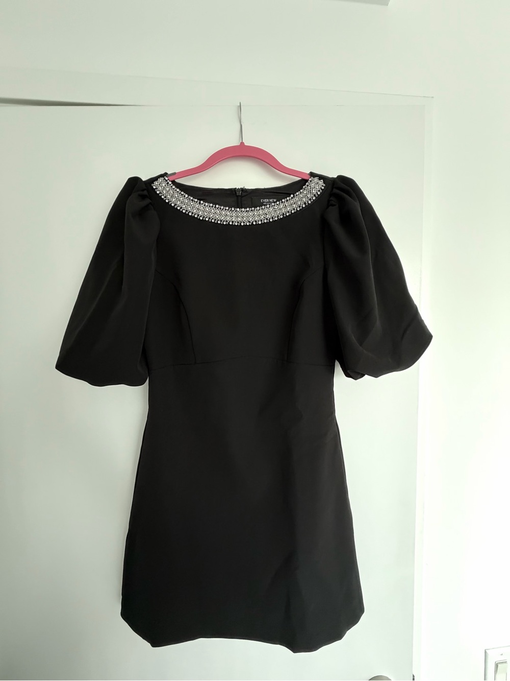 Ever New Black Puff-Sleeve Mini Dress with Rhinestone Collar
